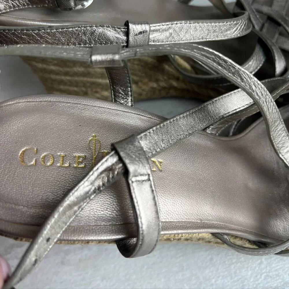 ** Cole Haan Strappy Silver Metallic Espadrille Wedge Sandals Size 8.5B